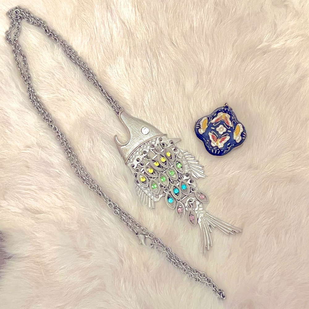 Articulated Fish Necklace, and cloisonné pendant locket.